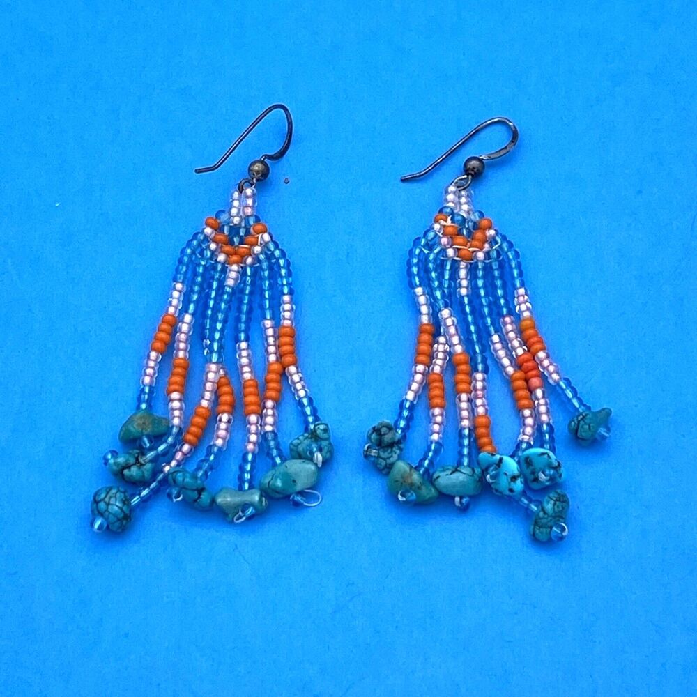 Native American Handmade Beaded Earrings Turquoise With Silver Hooks
